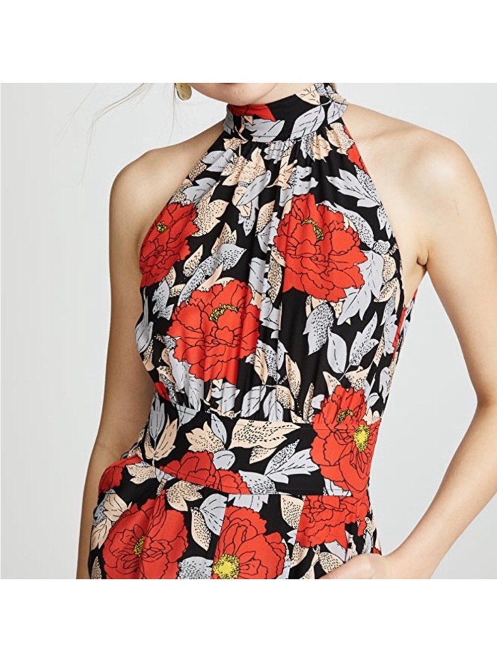 Diane Von Furstenberg Black Halter Jumpsuit with Red Floral Print